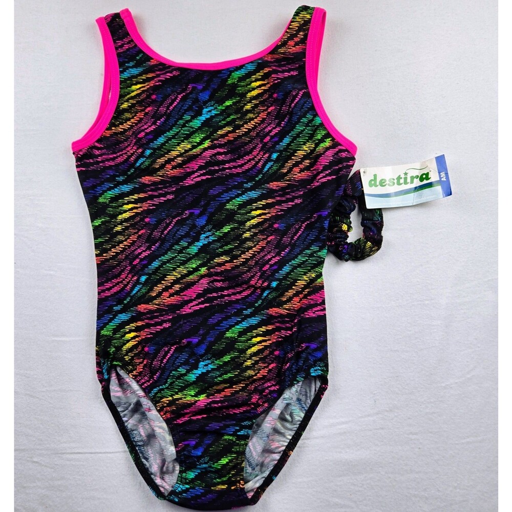 NWT Destira Adult Medium Gymnastics Leotard Neon Rainbow Black Pink Scrunchie